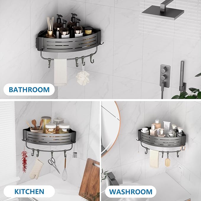 Onemake Corner Shower Caddy Suction Cup, Aluminum Wall Mounted Organizer Shelves Storage Rack with Towel Bar for Small Bathroom Grey