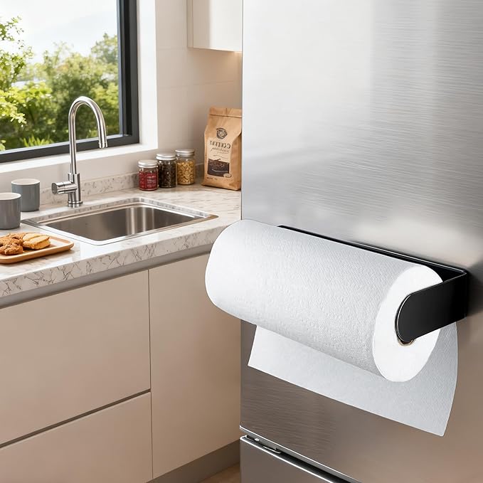 ZUNTO Magnetic Paper Towel Holder for Fridge, Paper Towel Roll Holder with Powerful Magnet, Kitchen Paper Towel Rack for Refrigerator, Grill, RV, Pantry, Black