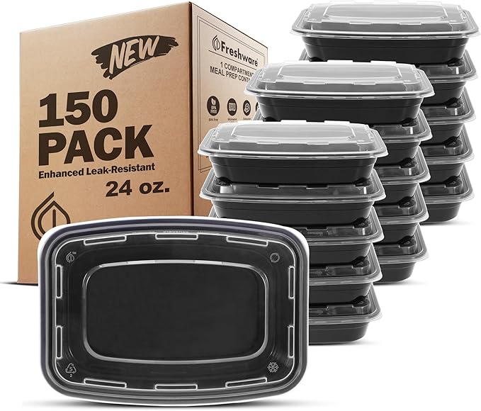 Freshware Meal Prep Containers [150 Pack] 1 Compartment Food Storage Containers with Lids, Bento Box, BPA Free, Stackable, Microwave/Dishwasher/Freezer Safe (24 oz)
