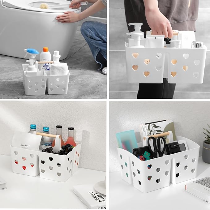 Portable Shower Caddy Plastic Shower Basket Organizer Divided Bathroom Caddy Storage Cleanning Caddy Tote with Handle for College, Dorm Room, Kitchen, White