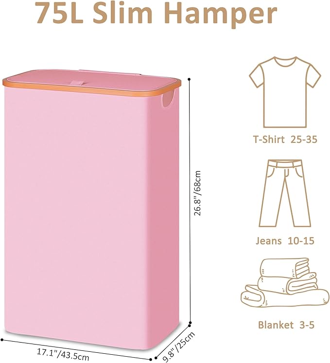Slim Laundry Basket with Lid, Narrow Dirty Clothes Hampers for Laundry with Handle, Skinny Laundry Bin for Laundry Room, Dorm, Bedroom and Bathroom, 19.8 Gallon (75L) Pink