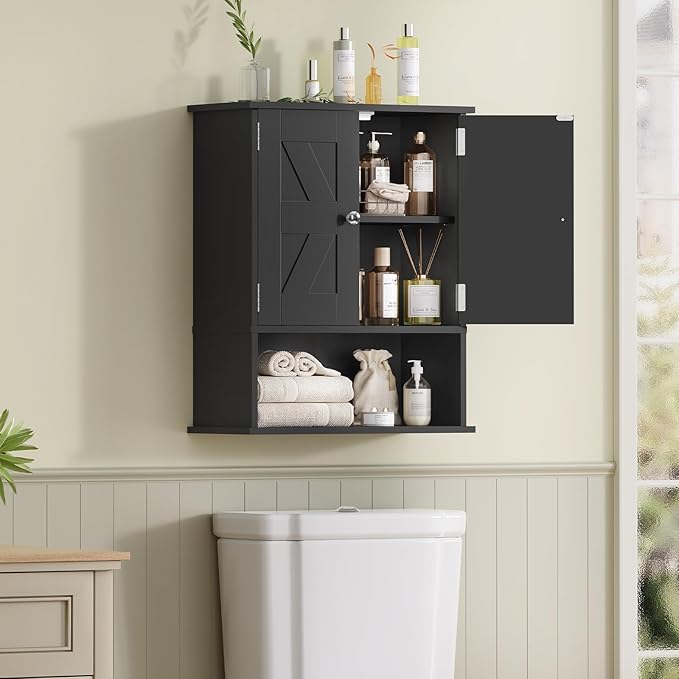 TEENFON Bathroom Wall Cabinet, Over The Toilet Space Saver Storage Cabinet with Barn Doors & Adjustable Shelf, Hanging Medicine Cabinet, Black UNGGX003HV1