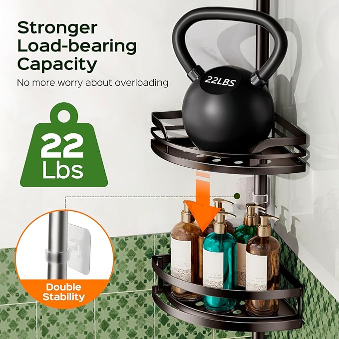 HAMITOR Shower Caddy Tension Pole: Rustproof Bathroom Corner Shelf for Renters, 47-121 inches Adjustable Organizer with Soap Holder-Large Capacity Rack for Shampoo Storage Home Accessory- Bronze