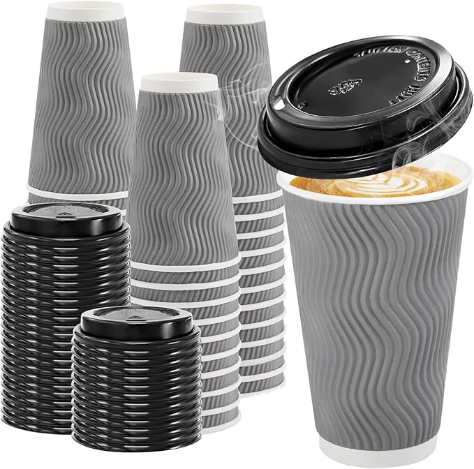 Clawsoff 500 Pack 16 oz Disposable Insulated Coffee Cups with Lids Gray