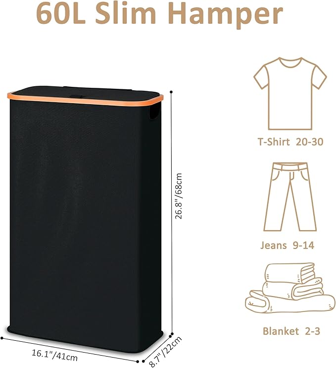 Slim Laundry Basket with Lid, Narrow Dirty Clothes Hampers for Laundry with Handle, Skinny Laundry Bin for Laundry Room, Dorm, Bedroom and Bathroom, 15.9 Gallon (60L) Black