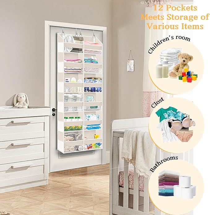 Ofiray-home Over the Door Organizer 6 Tiers, Extra Large Behind Door Storage of 12 Compartments,80 lbs Weight Capacity Hanging Storage Organizer with Clear Window Kids Toys, Shoes, Diapers,Beige