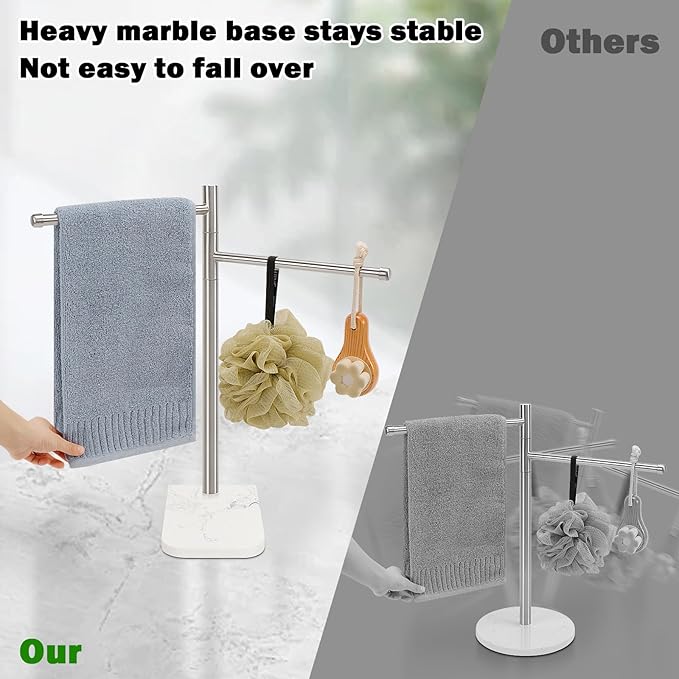 Standing Hand Towel Holder, Hand Towel Stand with Marble Base, 304 Stainless Steel Towel Rack with 2 Swivel Arm, Countertop Stand Towel Ring Towel Bar for Bathroom (Brushed Nickel