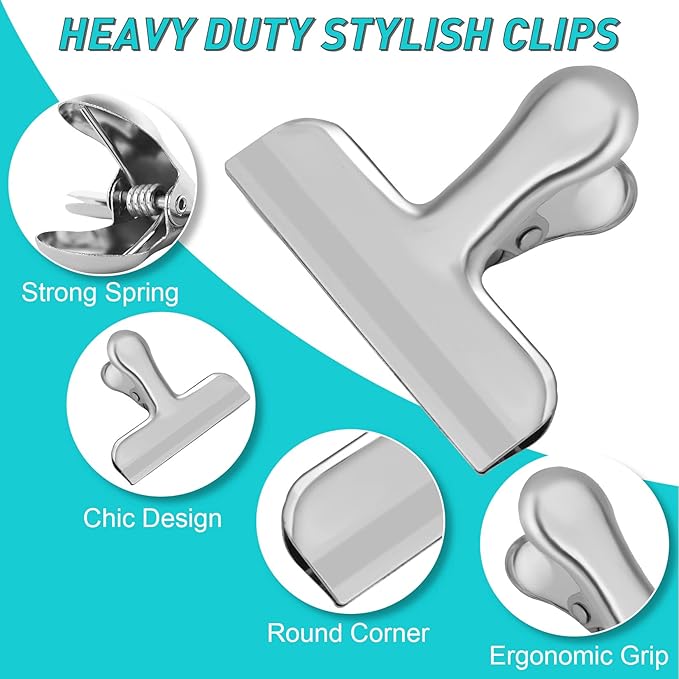Funfery Silver Large Chip Clips for Food Packages, 3 Inch Wide Bag, Food,Kitchen Clips for Snack, Kitchen Home Metal Chip for Organization, Office Heavy Duty Paper Clamps(8 Pack)