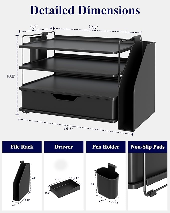 Kitsure Desk Organizer - 4-Tier Office Desk Accessories with Drawer ＆ Pen Holder, Tool-Free Assembly Organizer with Non-Slip Pads, for Office Supplies Storage, Plastic, 13.3" x 8.0" x 10.8", Black