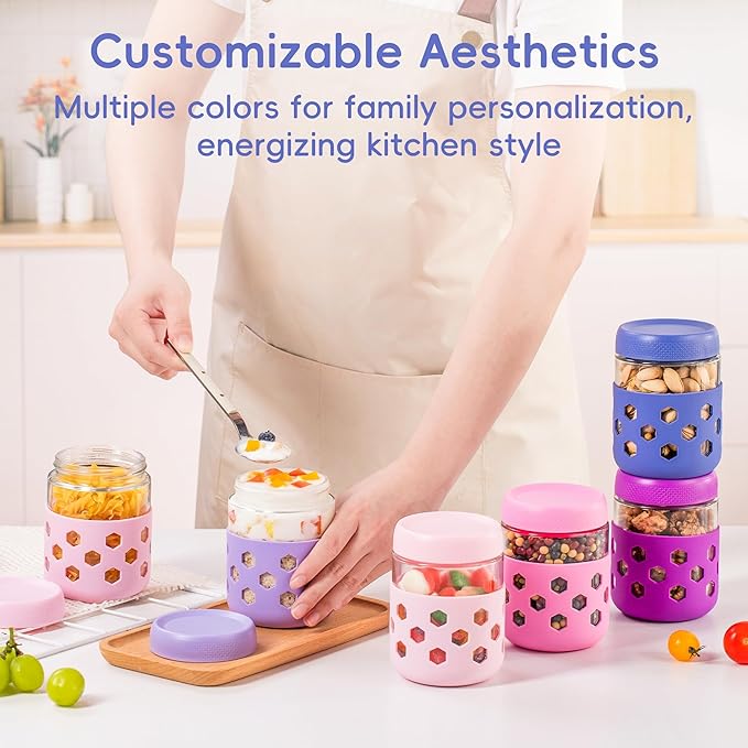 Gemice 6-Pack 16 oz Overnight Oats Containers with Lids and Silicone Sleeves, Glass Mason Jars with Airtight Lid, Dishwasher Safe, Wide Mouth Chia Seed Pudding Meal Prep Jar for Yogurt Berries Snack