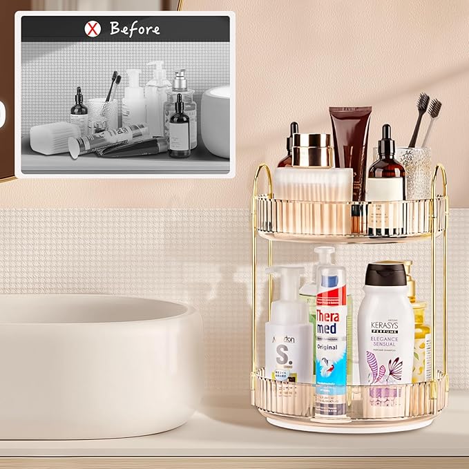 360 Rotating Makeup Organizer - Large Capacity Spinning Perfume & Cosmetic Skincare Holder for Vanity & Countertop (Vibrant Orange, 2 Tier)