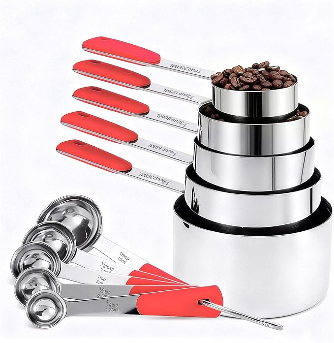 Bopei Measuring Cups and Spoons Set Stainless Steel 10 Piece for Cooking and Baking (5 Cups + 5 Spoons, Colorful Handles)