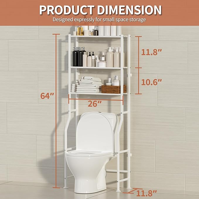 3-Tier Over The Toilet Storage, Freestanding Metal Bathroom Shelves, Space Saver Above The Over Toilet Storage Shelf for Bathroom (White)