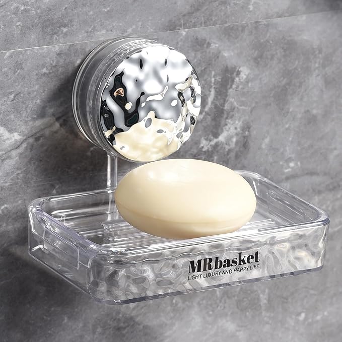 Soap Dish Holder Suction Cup, Wall Mounted Self Draining Soap Case & Sponge Rack, No Drilling Suction Bar Soap Holder for Bathroom, Kitchen Sink