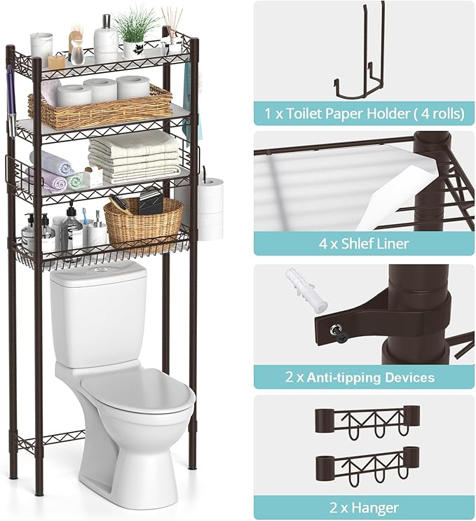 Over Toilet Storage Shelf, 4-Tier Bathroom Organizer Storage Shelves Over The Toilet, Adjustable Over The Toilet Shelf Above Toilet Rack Freestanding Bathroom Space Saver Over Toilet, Espresso