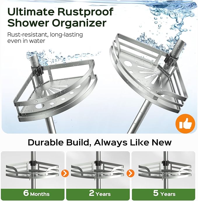 HAMITOR Shower Caddy Tension Pole：4-Tier Rustproof Bathroom Corner Shelf for Renters - 47-121inches Adjustable Bathtub Organizer with Soap Holder-large capacity rack for Shampoo Storage Home Accessory