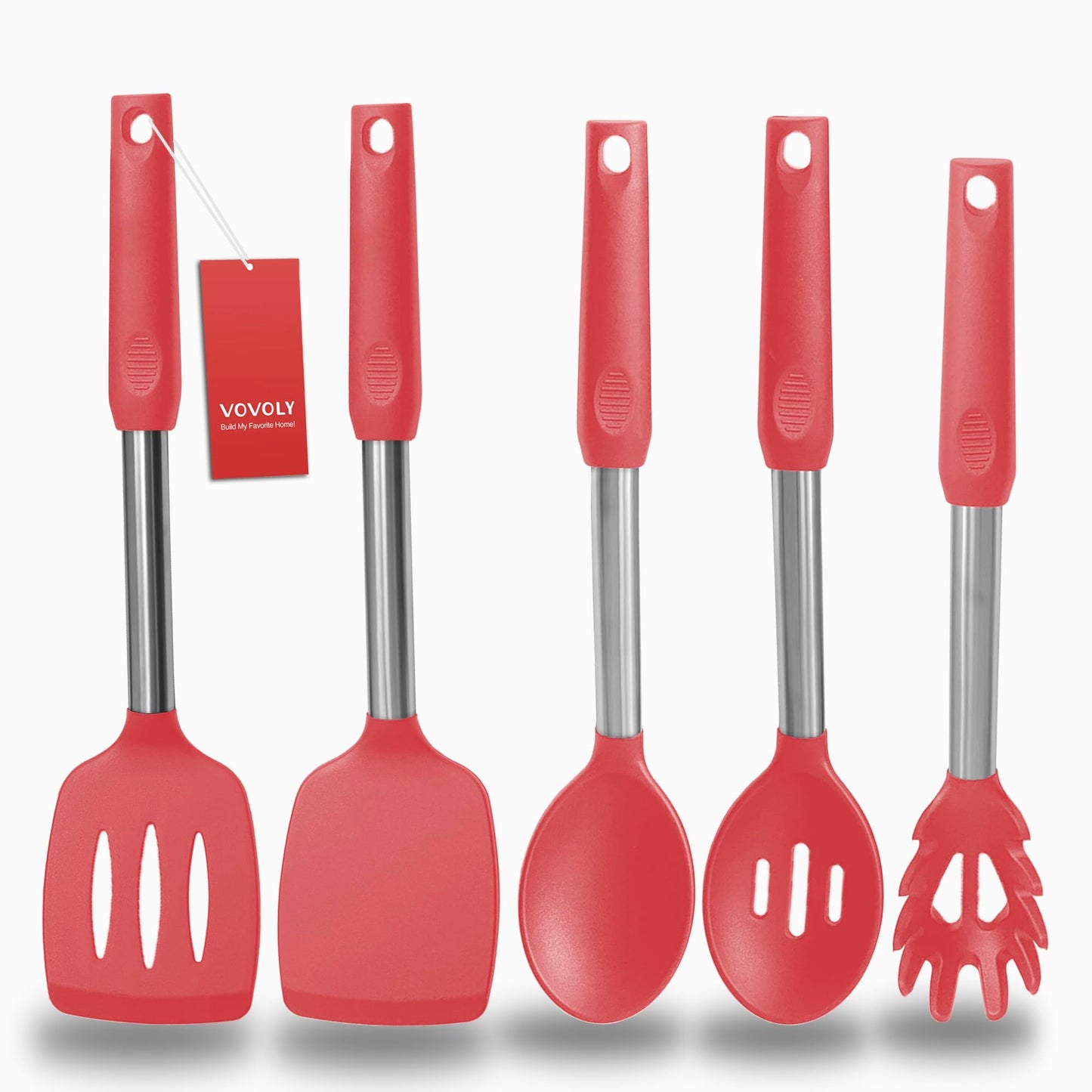 Silicone Spatula and Cooking Spoon,5 Pack Non-Stick Cooking Utensils for Kitchen，Heat Resistant Solid & Slotted Spoons and Spatulas, Stainless Steel Handle Coated with Silicone, Khaki