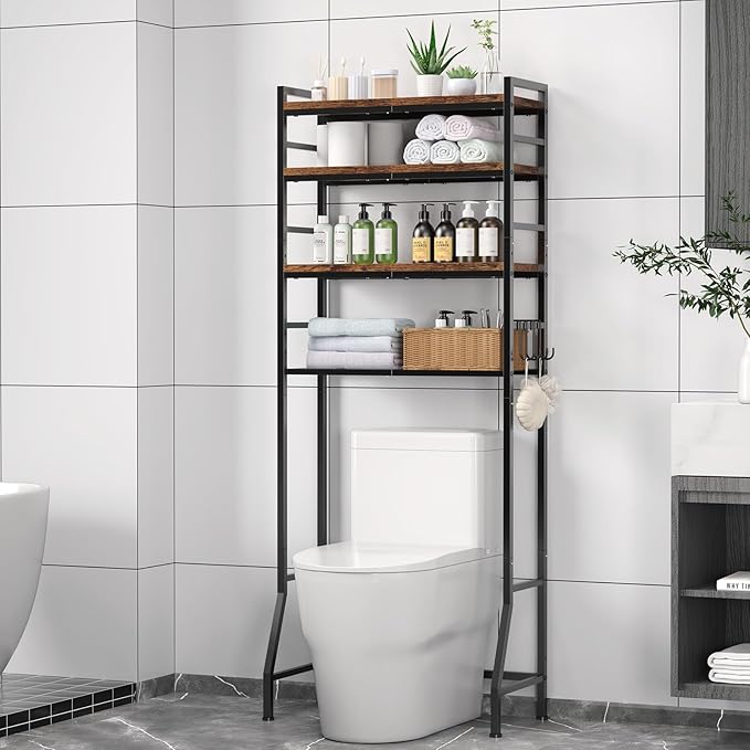 Over The Toilet Storage Rack,4-Tier Over Toilet Bathroom Organizer with Adjustable Wooden Shelves,Freestanding Space Saver Bathroom Cabinet Shelves Over Toilet,Over Toilet Storage, Vintage Brown