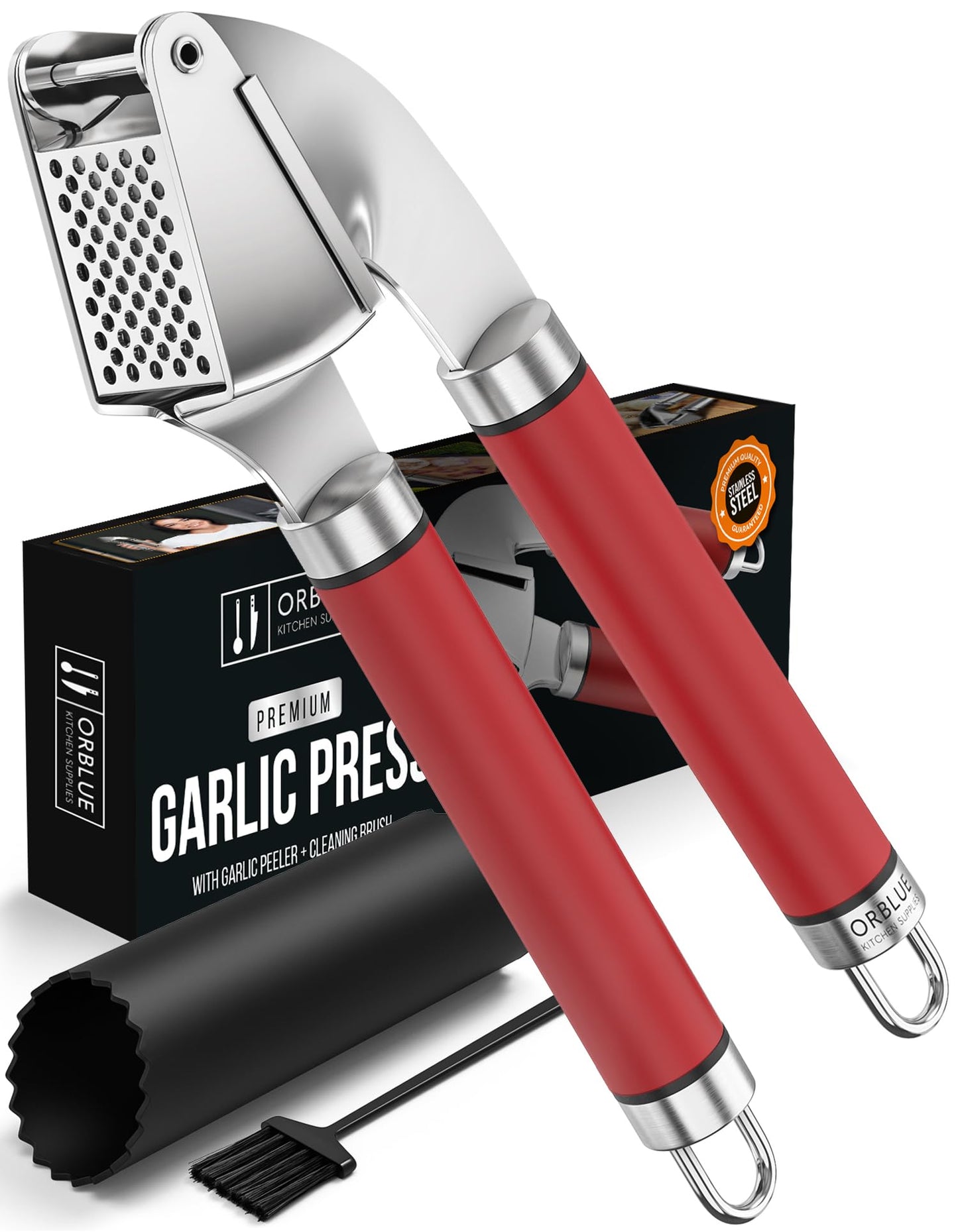 ORBLUE Garlic Press Stainless Steel - Premium Professional Grade Garlic Mincer, Crusher & Peeler Set - Easy Clean, Dishwasher Safe & Rust-proof
