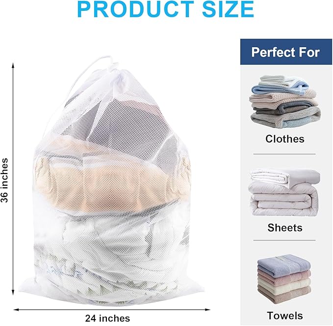 2 Pack Large Mesh Laundry Bags, 24" x 36" Heavy Duty Strong Drawstring Dirty Clothes Bags with Soft Breathable Net, Machine Washable Laundry Bag for College, Dorm, Camp, Travel and Family Use(White)