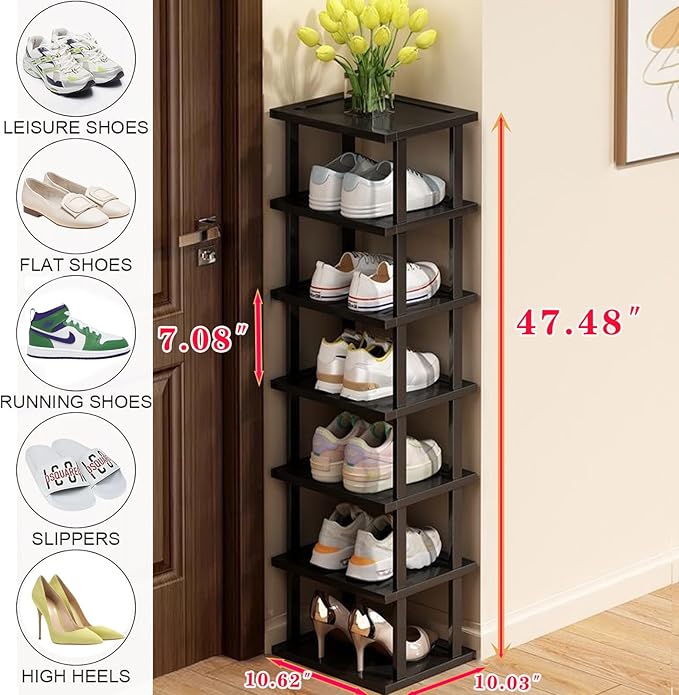 Vertical Shoe Rack - Tall Narrow Shoe Rack Organizer for Small Spaces,7 Tier Bamboo Shoen Shelf for Entryway,Closet,Corner,Doorway,Skinny Shoe Shelf Space Saving Shoe Storage,Free Stackable DIY