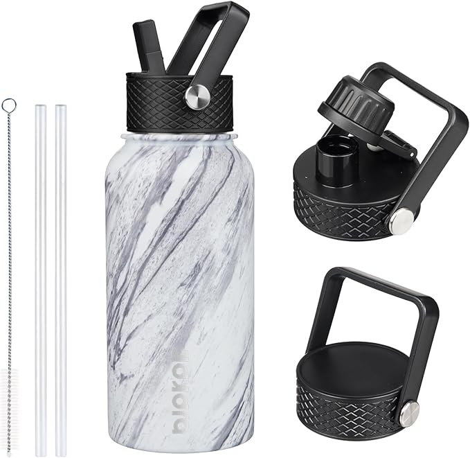 BJPKPK Insulated Water Bottles with Straw Lid, 27oz Stainless Steel Water Bottle with 3 Lids, Leak Proof BPA Free Metal Thermo, Mugs, Tumblers, Keep Cold Hot - Carrara Marble
