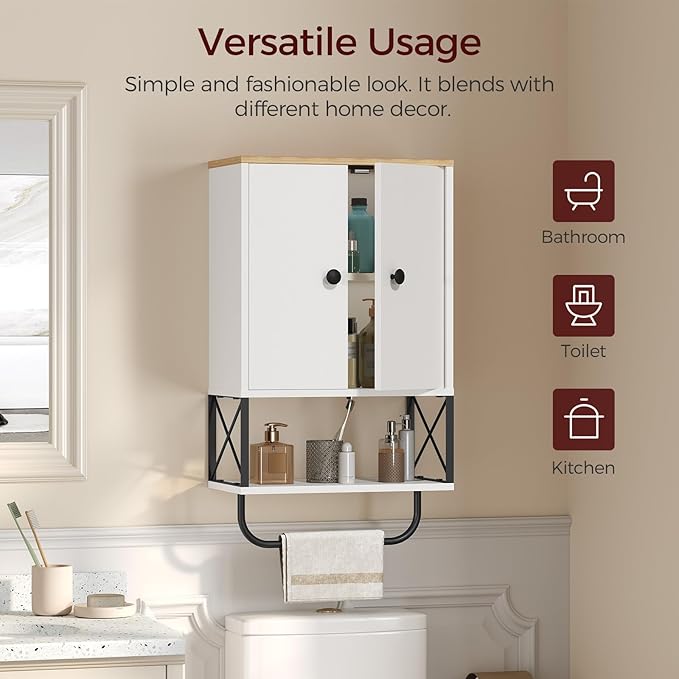 Bathroom Wall Cabinet with 2 Door and Adjustable Shelf, Medicine Cabinet with Towel Rack, 3-Tier Wall Mounted Storage Cabinet Over The Toilet for Bathroom Laundry Room, White and Natural