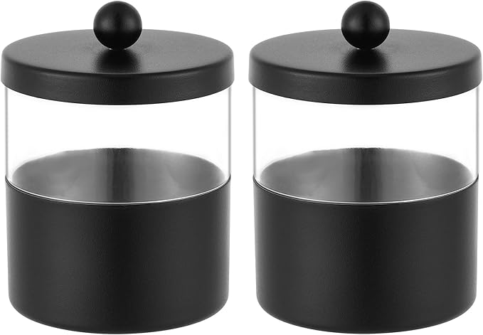 Gaussra Black Apothecary Jars, Black Qtip Holder - Stainless Steel Bathroom Jar with Stickers - Farmhouse Decor Qtip Dispenser for Qtips, Cotton Balls, Swabs, Makeup Sponges (2-Pack)