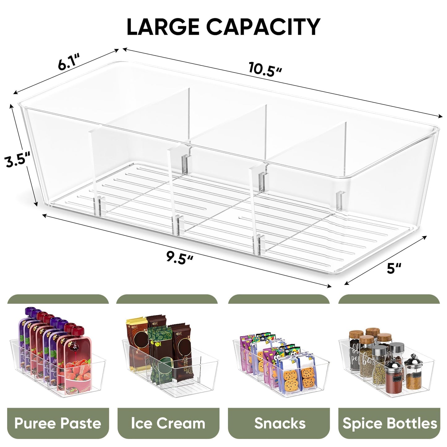 BALEINE Clear Plastic Storage Bins with 3 Removable Dividers, Pantry Organization, BPA Free Stackable Refrigerator Organizers and Storage for Kitchen Fridge Cabinet Bathroom (10.5x6.1x3.5, 4PK)