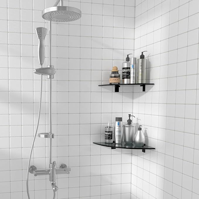 2-Pack Glass Shelf Shower Caddie, Shower Shelves for Inside Shower, Drilling Free Adhesive Wall Mounted Bathroom Organizer Shelves with Aluminium Brackets, Black