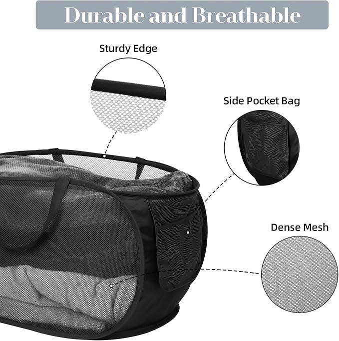 4 Pack Collapsible Laundry Baskets, Foldable Laundry Basket with Pocket, Durable Pop Up Hampers, Reinforced Handles Dirty Clothes Hamper for Laundry, Bedroom, Bathroom, Dorm, Travel or Camping Black