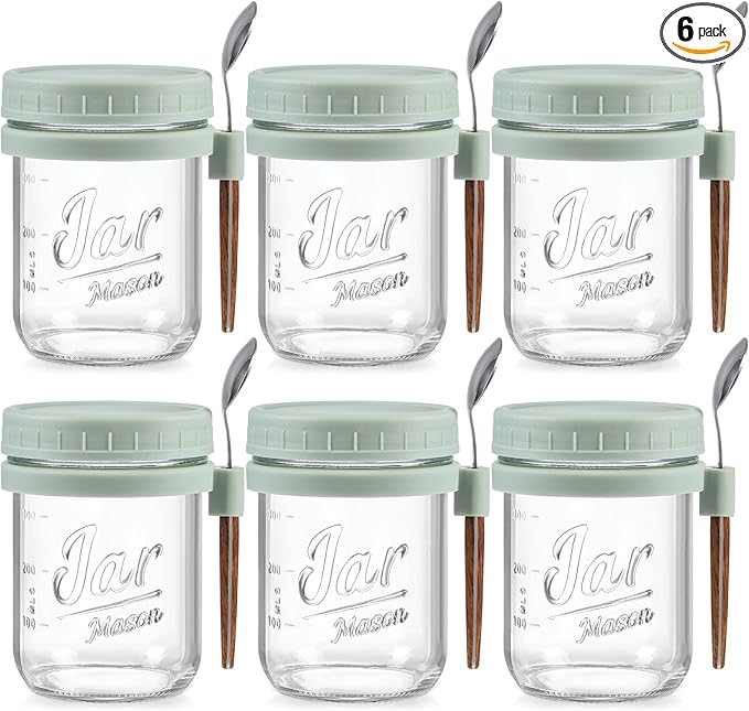 6 Pack Overnight Oats Containers with Lids and Spoons, 16 oz Glass Mason Overnight Oats Jars, Large Capacity Airtight Jars for Milk, Cereal, Fruit(Green)