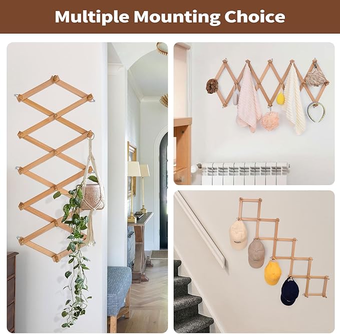 Wall Rack with 16 Hooks, Wooden Wall Expandable Coat Rack for Coat, Hats, Baseball Caps, Coffee Mug, Jewelry(Natural)