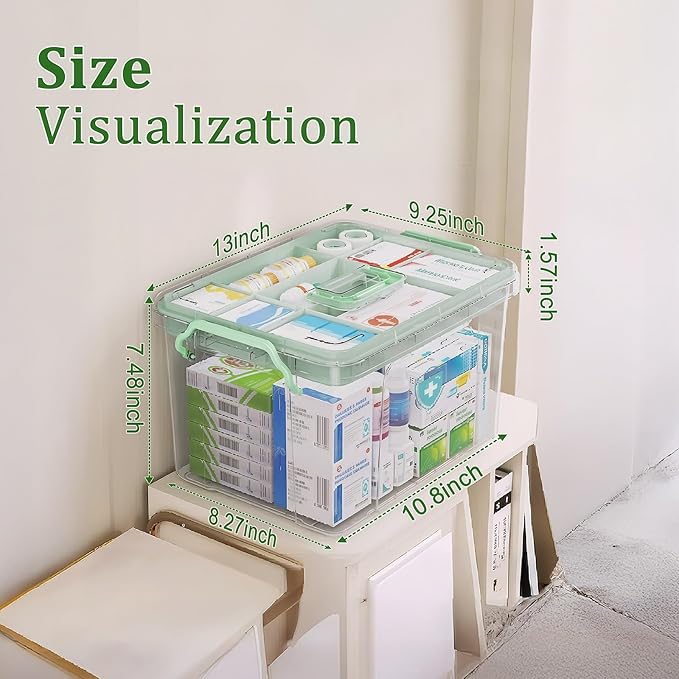 15QT Clear Medicine Organizer Box with Handle, Plastic Medicine Container with Tray First Aid Box Empty, Thickened Medicine Storage Organizer Multipurpose Medication Organizer Storage