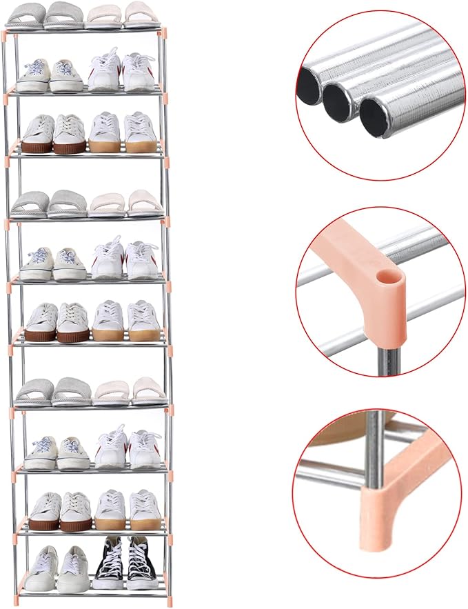 Stackable Small Shoe Rack, Entryway, Hallway and Closet Space Saving Storage and Organization (10-Tier, Pink)