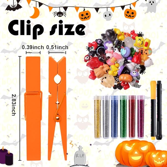 JOICEE 60 Set Halloween Cheer Pins Spirit Clips, 60 Colored Clothes Pins 115 Mini Resin Figures Ornaments Bows and Stickers pens 300 Beads for Halloween Trick or Treat DIY Crafts Gifts Party Favors