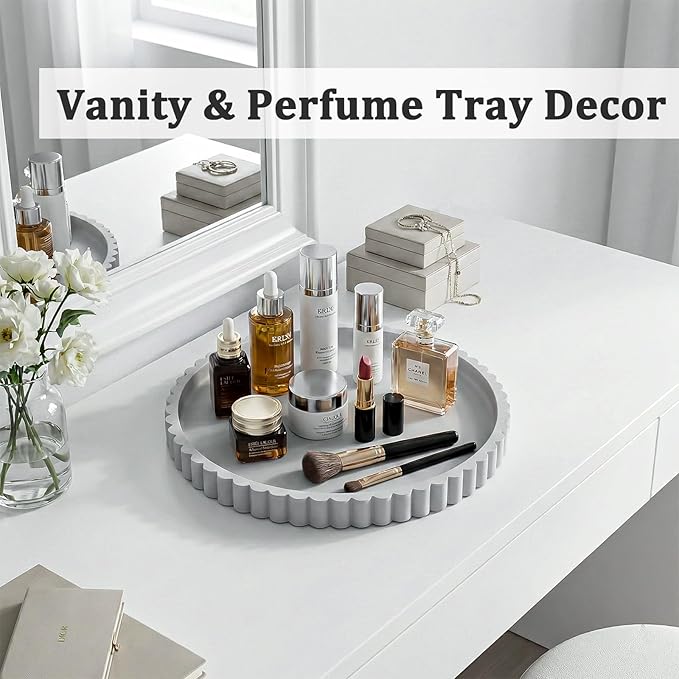 Silicone Bathroom Countertop and Vanity Tray-10 Inch Round Silicone Bathroom Tray, Modern Bathroom Decor, Coffee Table Decor, Decorative Tray for Candle, Perfume, Plants (Grey)