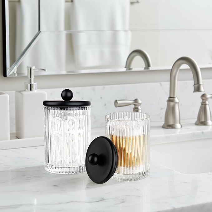 SheeChung 2-Pack Black Ribbed Glass Qtip Holder - Apothecary Jars Bathroom Organizer with Metal Lids - Countertop Vanity Canister Set for Cotton Swabs, Rounds, Pads, Floss Picks