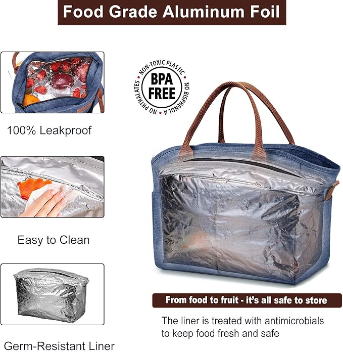 Lunch Bags for Women Insulated Thermal Lunch Tote Bag with Shoulder Strap Upgrade Large Lunch Box Container Drinks Holder for Adults Men Work Picnic Beach Park, Dark Blue