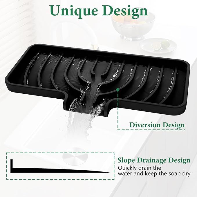 GUUKIN Sponge Holder for Kitchen Sink , 9.8"×4.9" Silicone Dish Drying Mat, Scrub Daddy Holder, Kitchen Sink Accessories, Suitable for Kitchens & Bathrooms (Black)