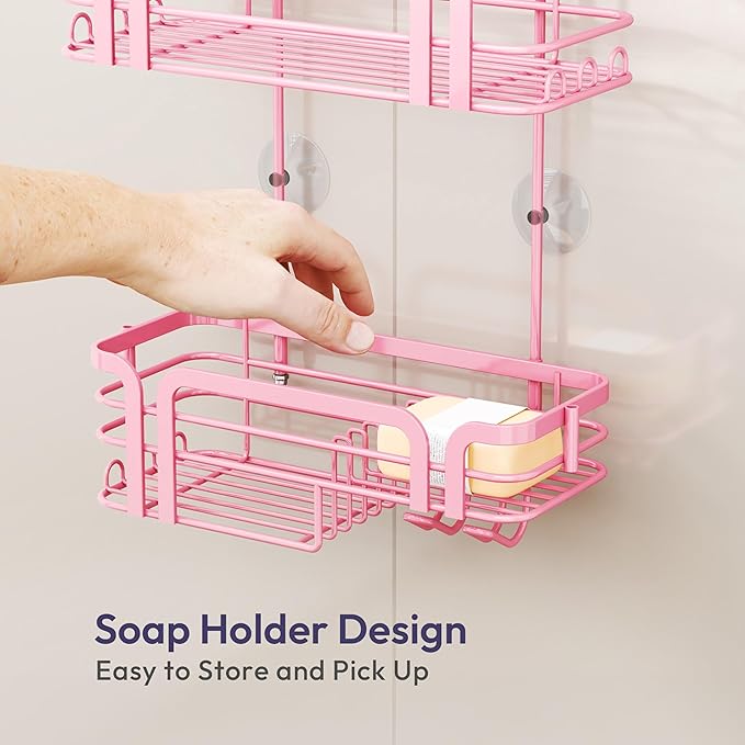 SWTYMIKI Shower Caddy Hanging Organizer - Over the Door Shower Caddy with Soap Holder, 11 Hooks, 2 Installation Ways, Stainless Steel Rustproof Bathroom Organizer, Pink