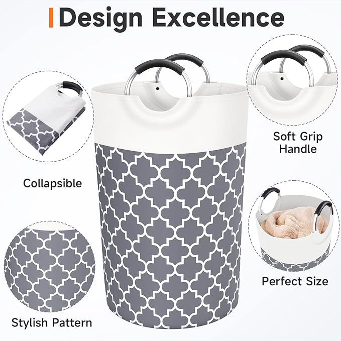 Large Laundry Basket Laundry Hamper Bag Washing Bin Clothes Bag Collapsible Tall with Handles Waterproof Travel Bathroom College Essentials Storage for College Dorm, Family (Grey) 115L