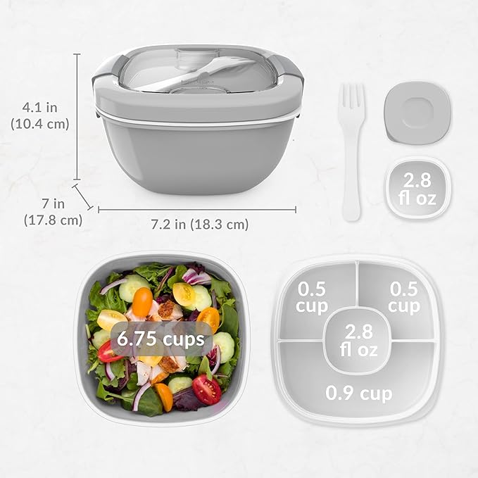 Bentgo Salad Container - 54 oz Bowl with 4-Compartment Toppings Tray, Leak-Proof Dressing Container, Reusable Fork, BPA-Free Lunch Box for Meal Prep & Food Storage; Removable Bento Tray (Gray)