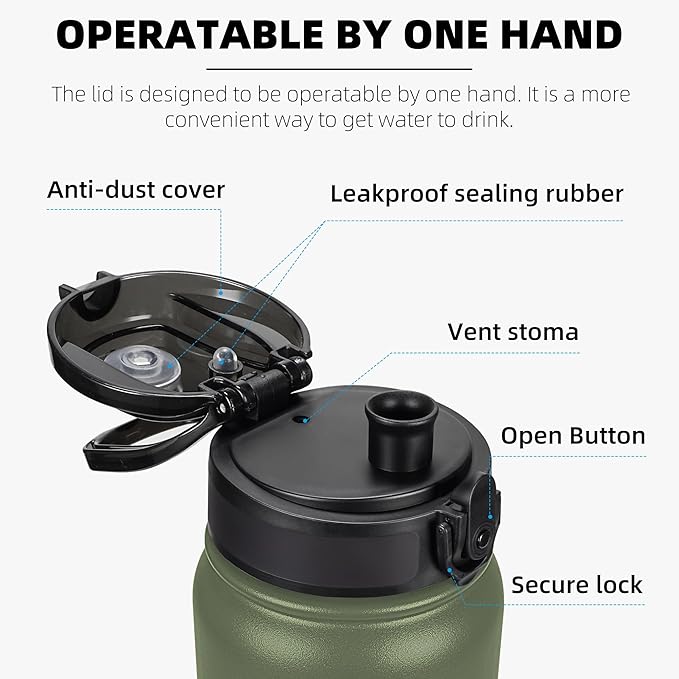 Fanhaw 20 oz Insulated Stainless Steel Water Bottle with Anti-Dust Chug Lid, Leakproof Vacuum Metal Bottle for Kids, Women & Men (Olive Green)