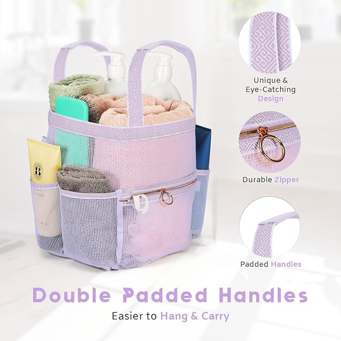 Mesh Shower Caddy Dorm, 7 Pockets & 1 with Zipper, Shower Tote with Padded Handles, Travel Portable, Shower Caddy College Room Essentials, Bathroom Shower Bag (Light Gray)