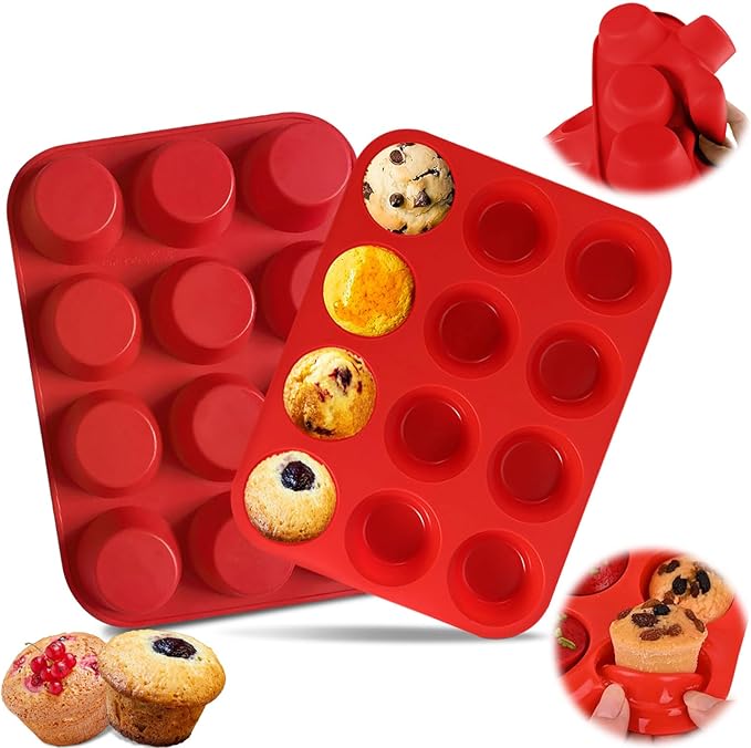 12 Cups Silicone Muffin Pan, Nonstick Cupcake Pan, Heat Resistant Silicone Muffin Tin, Reusable Cupcake Moulds Baking Pan for Cakes, Bread (Orange-2 Packs)