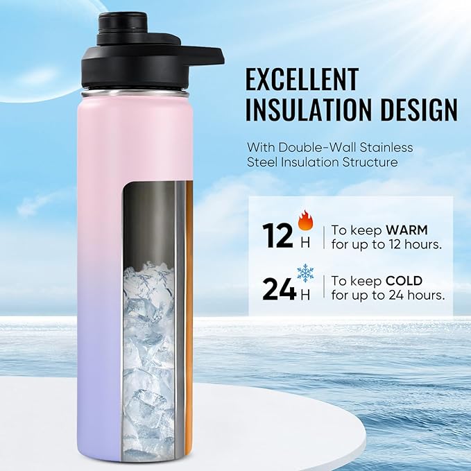 24 oz Insulated Water Bottle with Handle, 309 Stainless Steel Water Bottles with Wide Mouth, Double Wall Vacuum Sports Water Bottle, BPA Free, Keep Cold and Hot, Pink/Purple