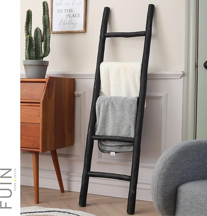 FUIN Fully Assembled 57in Wood Blanket Ladder Living Room Decorative Wall Leaning Farmhouse Quilt Display Holder Rustic Wooden Towel Rack for Bathroom, Black