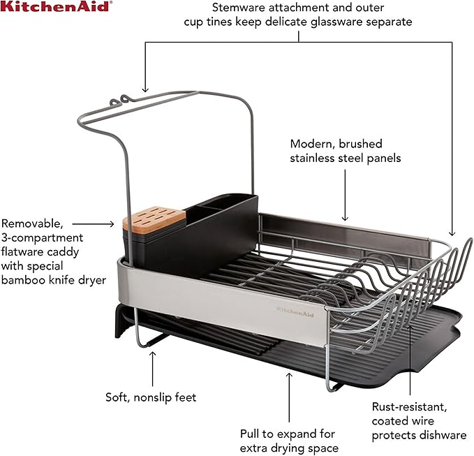 KitchenAid Full Size, Rust Resistant Expandable Dish Rack with Angled Self Draining Drainboard, 24-Inch, Black