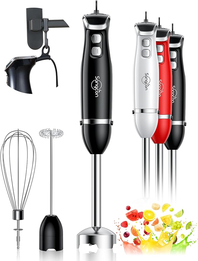 Sangcon 6-in-1 Immersion Blender Handheld, Hand Blender with Chopper & 34oz Blending Cup Storage Base, 2-Speed Adjustable Stick Blender,Stainless Steel Blades, Detachable Blender, Whisk, Milk Frother